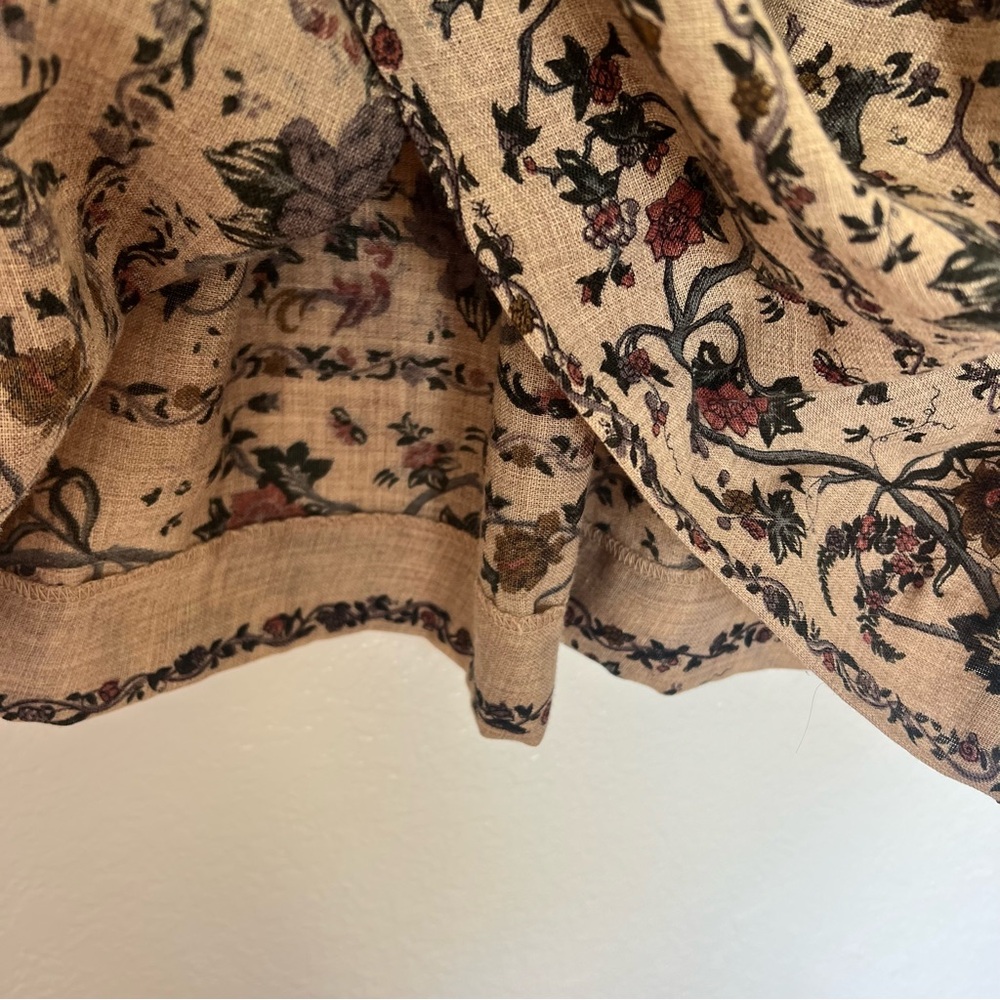 Vintage Linen Floral Skirt High Waist Knife Pleat Midi Flower Print Tan Beige M - Picture 5 of 6